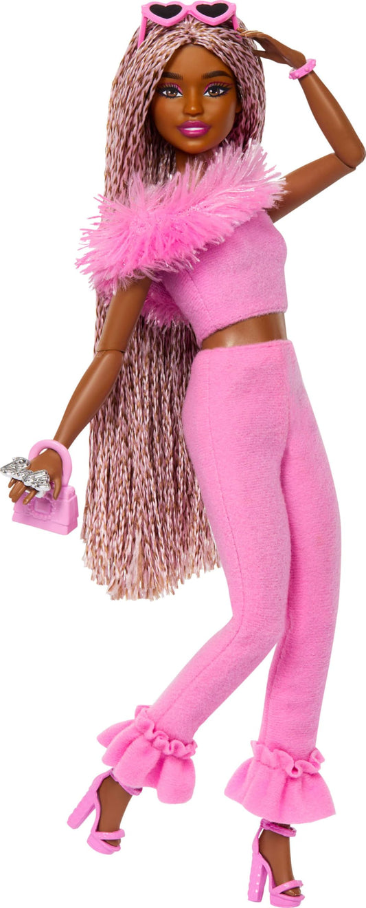 Barbie Deluxe Style Doll No. 4 with Barbiecore outfit, pink and brown braided pigtails, soft pink top with fuzzy collar and matching pants, plus accessories, HYV28.