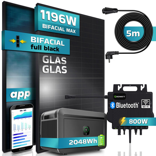 SUNNIVA balcony solar power system with storage FULL BLACK BIFACIAL 1196W/800W solar panel with 800W GROWATT micro inverter and Noah2000 Wifi Bluetooth, dimmable, 2x460W bifacial solar modules, 5m cable.