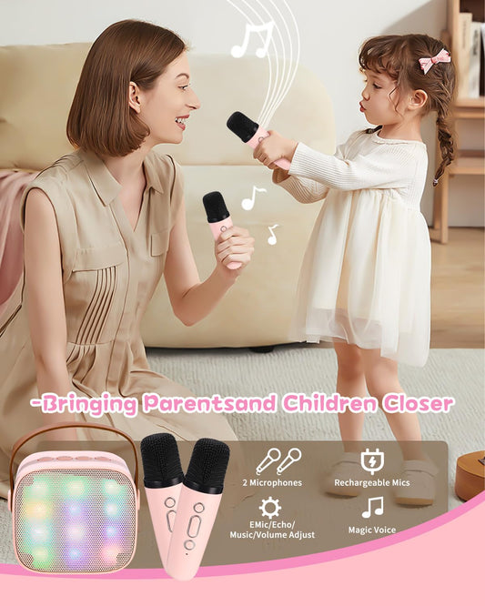 Karaoke machine with 2 wireless microphones, portable Bluetooth karaoke machine for kids adults with voice changing effects LED lights boys girls gifts home party (pink)