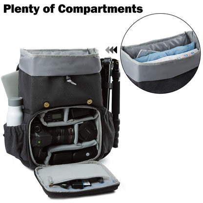Bagsmart camera backpack for DSLR with canvas material, theft-proof and water repellent design. Fits 15 inch laptop, camera, lenses, accessories, and tripod. Includes rain cover.