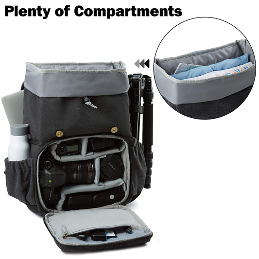 Bagsmart camera backpack for DSLR with canvas material, theft-proof and water repellent design. Fits 15 inch laptop, camera, lenses, accessories, and tripod. Includes rain cover.