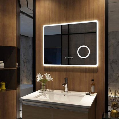 Meykoers LED bathroom mirror with lighting wall mirror 90x70cm bathroom mirror with touch switch fog-free clock and cool white light 6500K energy saving IP44