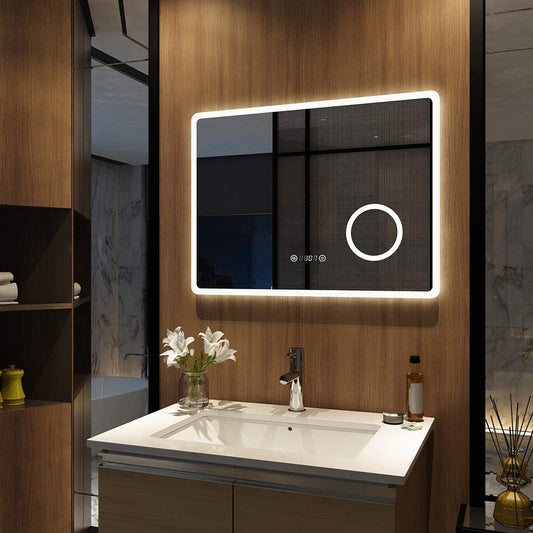 Meykoers LED bathroom mirror with lighting wall mirror 90x70cm bathroom mirror with touch switch fog-free clock and cool white light 6500K energy saving IP44