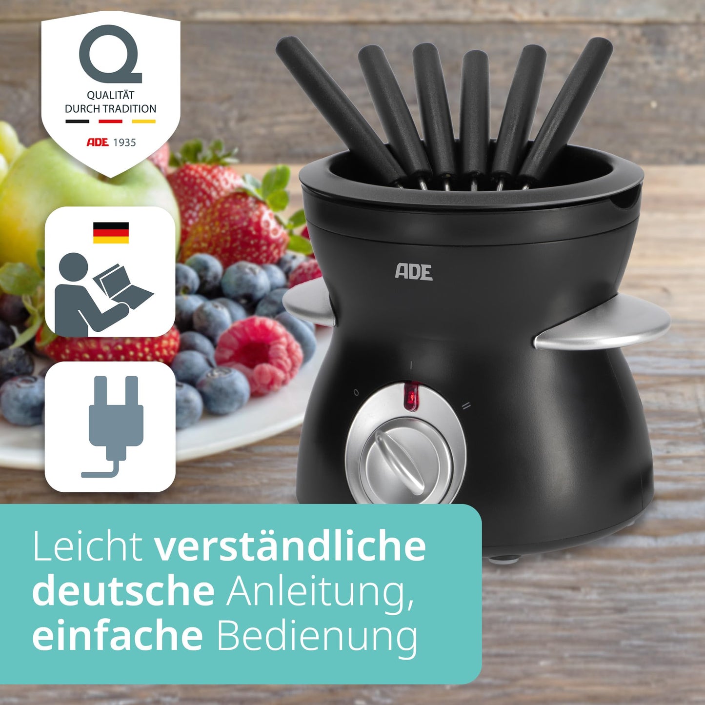 ADE Electric Chocolate Fondue 250ml with 6 skewers | 2 temperature levels for melting and keeping warm | tempering device for chocolate and couverture | removable Teflon-coated bowl