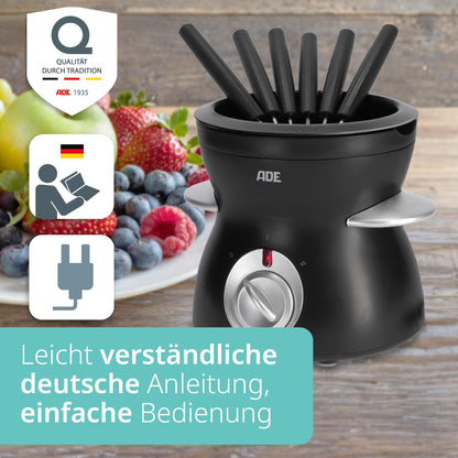 ADE Electric Chocolate Fondue 250ml with 6 skewers | 2 temperature levels for melting and keeping warm | tempering device for chocolate and couverture | removable Teflon-coated bowl