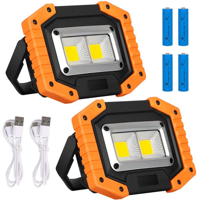 Lyneun LED work light 30W, portable spotlight with 4*18650mAh battery, IP65 waterproof camping lamp with USB rechargeable for camping, fishing, workshop, construction site (Yellow) 2 pack