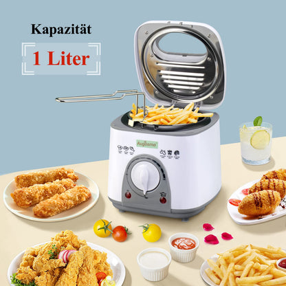 Augosma Mini Deep Fryer With Oil | 850-950W | Capacity: 1 Liter | Viewing Window | Stainless Steel Frying Basket | Adjustable Temperature | Heat Insulated | Non-Slip Rubber Feet | White