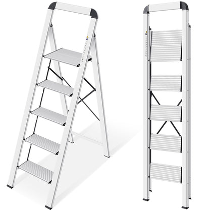 KINGRACK Folding Step Ladder, 5 Steps, with Handrail, Non-Slip Household Ladder, Locking Mechanism, Aluminum Step Stool, Max Load 150 kg.