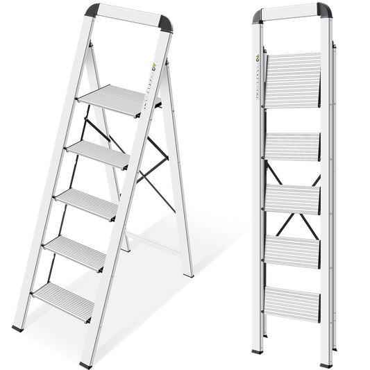 KINGRACK Folding Step Ladder, 5 Steps, with Handrail, Non-Slip Household Ladder, Locking Mechanism, Aluminum Step Stool, Max Load 150 kg.