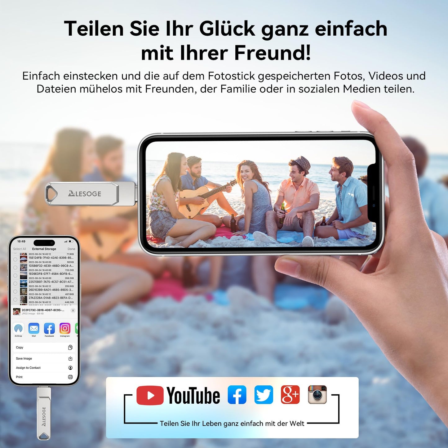 LESOGE MFi-Certified 128GB USB C Stick, Mini USB Stick for Saving Photos on Phones, 3 in 1 USB C and 3.0 Stick, External Storage for Photos and Videos, Photo Stick for iPhone/iPad/Android/PC/Mac (Silver)