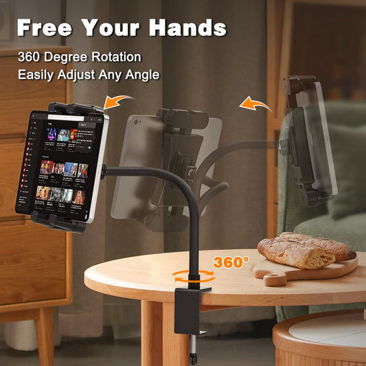 JUBORUI Tablet Stand Table, iPad Stand Table with Metal Swivel Arms, 360° Rotatable Tablet Stand, Tablet Stand for iPad mini, all 4.7-13.5 inch Tablets