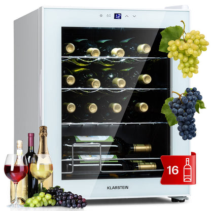 Klarstein Shiraz wine cooler freestanding, small beverage cooler for wine, prosecco & beer, 1-zone wine cooler with glass door & touch control panel, compact fridge, 5-18°C, 16 bottles