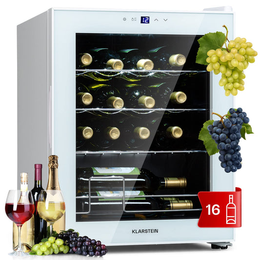 Klarstein Shiraz wine cooler freestanding, small beverage cooler for wine, prosecco & beer, 1-zone wine cooler with glass door & touch control panel, compact fridge, 5-18°C, 16 bottles