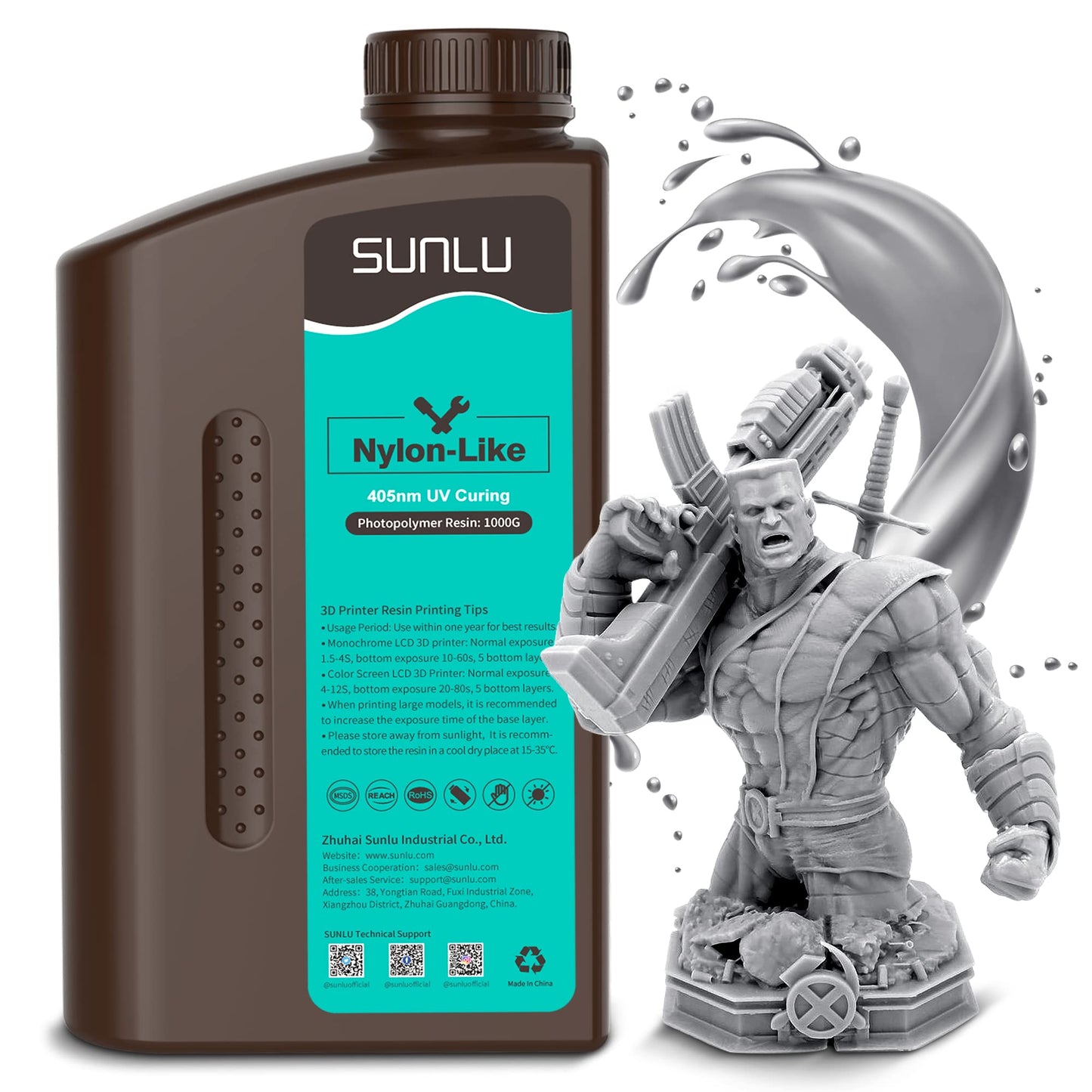 SUNLU Nylon-like 3D printing resin, high strength and durable photopolymer resin for LCD/DLP/SLA printers, 395-405nm UV curing, great for functional parts, prototypes, 1000G Grey.