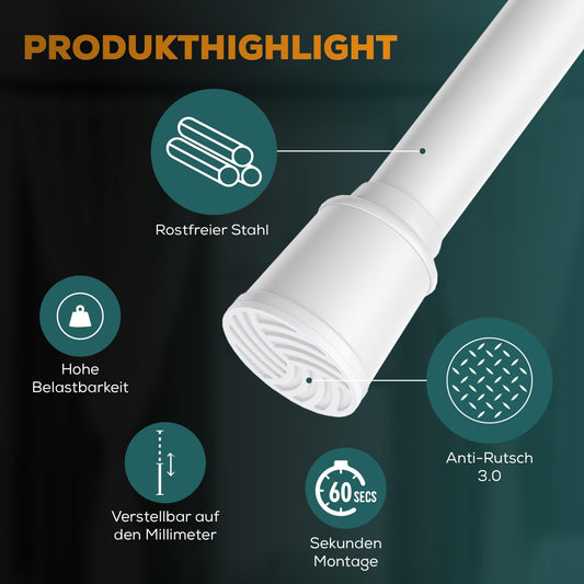 MEISENBERG Tension Curtain Rod 320-370cm, White, Ø 32mm, No Drilling Curtain Rod for Windows, Showers, and Partitions.