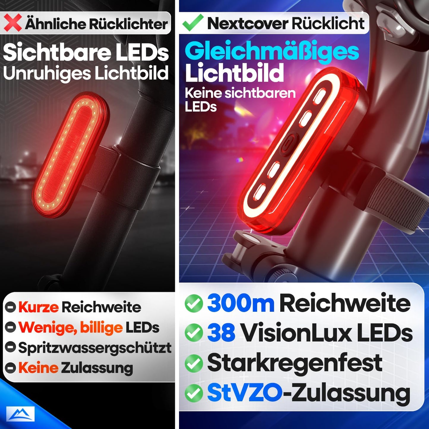 NEXTCOVER® bicycle taillight with [VisionLux] LEDs and brake light I StVZO approved I LED bike rear light with 8 hours battery life I Rear bike light for racing bike, e-bike, flashing bike taillight