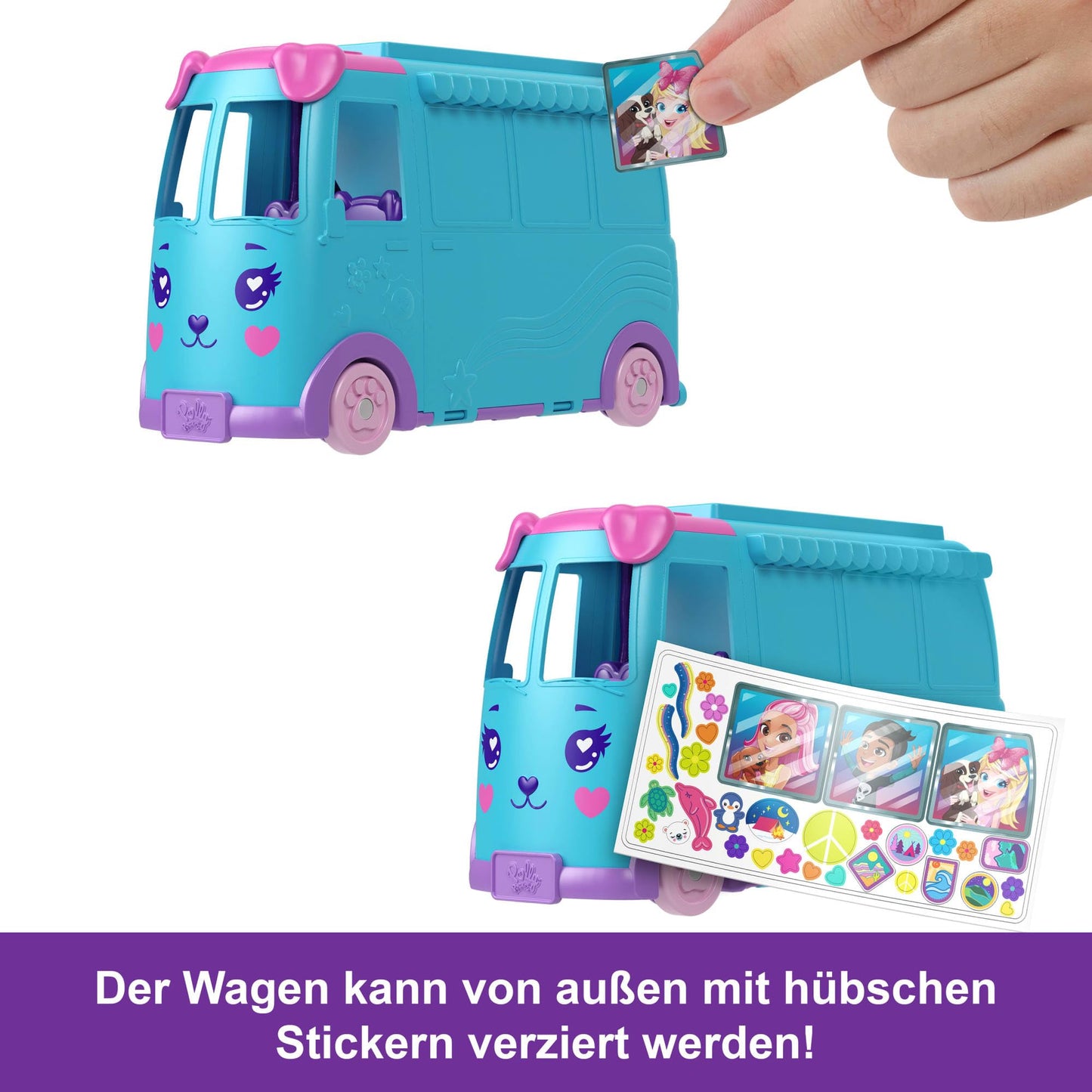 Polly Pocket micro dolls and convertible camper, with accessories like pets and toy car, on-the-go pet adventure playset, JCC22.