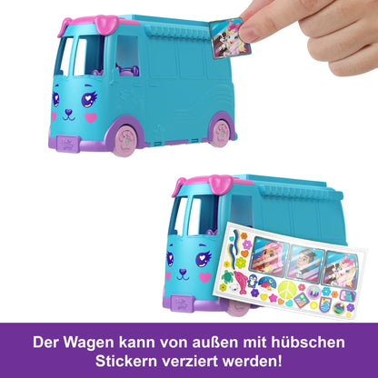 Polly Pocket micro dolls and convertible camper, with accessories like pets and toy car, on-the-go pet adventure playset, JCC22.