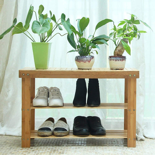 Hossejoy Bamboo Shoe Cabinet Bench Shoe Rack Shoe Bench Bathroom Shelf Bamboo Shelf 3 Shelves - 70 x 45 x 28 cm (WxHxD)