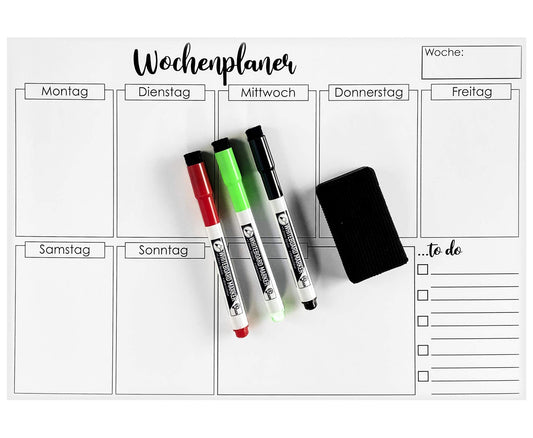 Clever Gadgets magnetic weekly planner + 3 whiteboard markers & eraser/ 38cm x 26cm/ wipeable/ fridge planner/ fitness planner/ magnet planner
