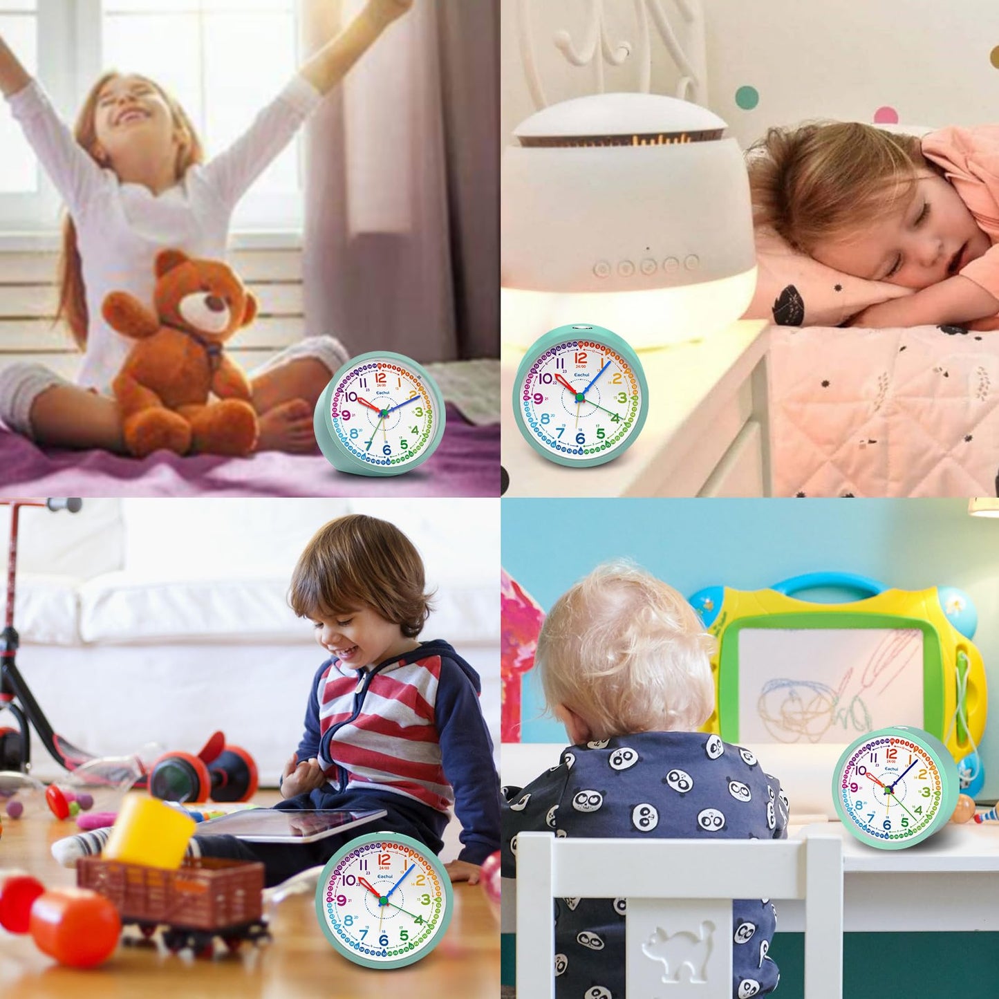 Eachui analog alarm clock for kids without ticking for boys and girls - learning alarm clock with night light, snooze, and battery operated analog quartz alarm clock, easy to set up (green)