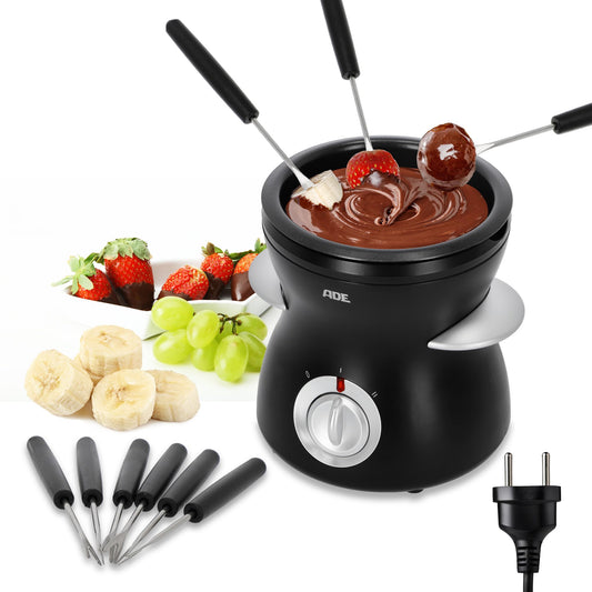 ADE Electric Chocolate Fondue 250ml with 6 skewers | 2 temperature levels for melting and keeping warm | tempering device for chocolate and couverture | removable Teflon-coated bowl