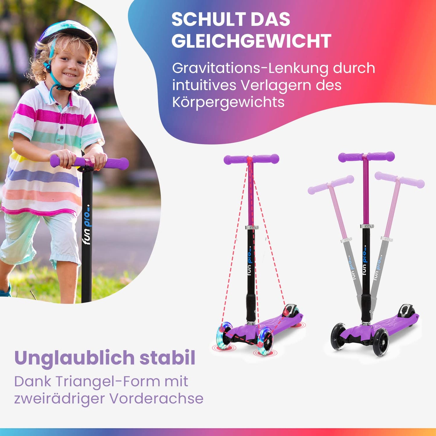 Fun pro Two Roller for children 6 years and up, from preschool age, up to 80KG weight, the safe premium scooter for children, LED wheels kick scooter, foldable, for 6 7 8 9 years.