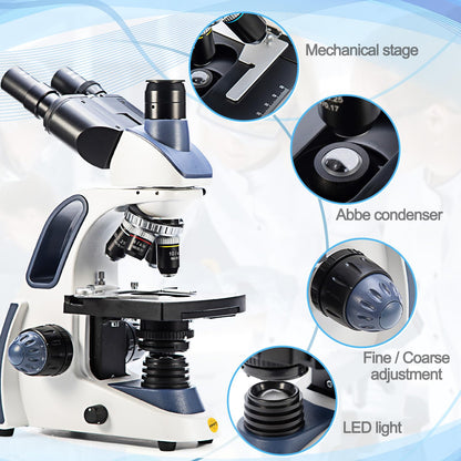 SWIFT Trinocular Microscope SW380T, 40x to 2500x magnification, Siedentopf head, dual-layer mechanical stage, with 5.0MP camera and software, and 100 blank slides