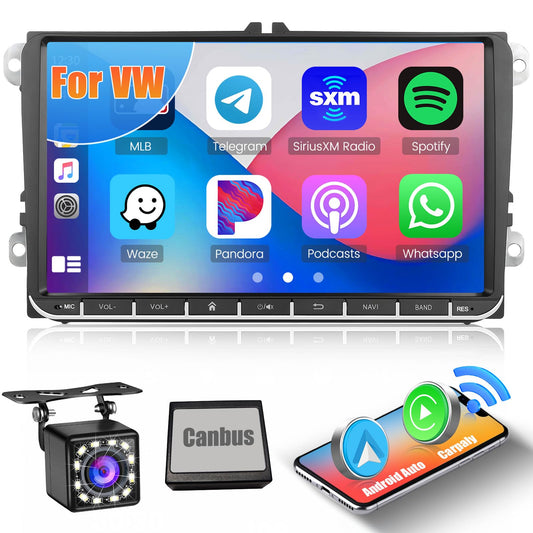 Hikity Android13 car radio with wireless Carplay and navigation for VW Golf 5 6 Passat B6 B7 Jetta Polo Touran Caddy Sharan Seat. 9-inch stereo radio with Bluetooth, WiFi, FM, Android Auto, and rearview camera.