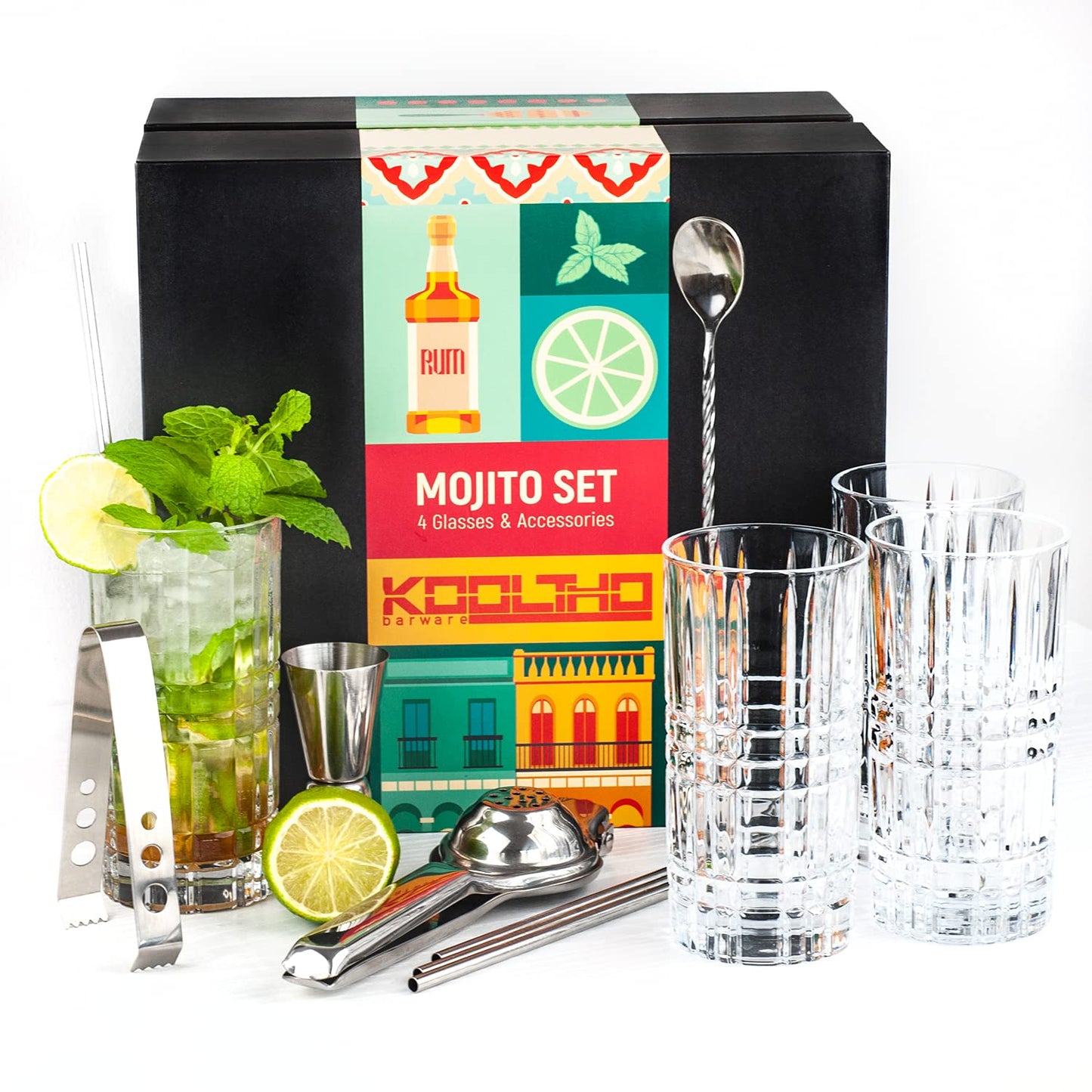 Mojito Glass Set Cocktail Gift Set, Gift Cocktails Glass 4 Piece Set Accessories Lemon Squeezer, 4 Stainless Steel Straws Measuring Cup Spoon Gift Box, Gifts for Women Men