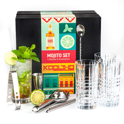 Mojito Glass Set Cocktail Gift Set, Gift Cocktails Glass 4 Piece Set Accessories Lemon Squeezer, 4 Stainless Steel Straws Measuring Cup Spoon Gift Box, Gifts for Women Men