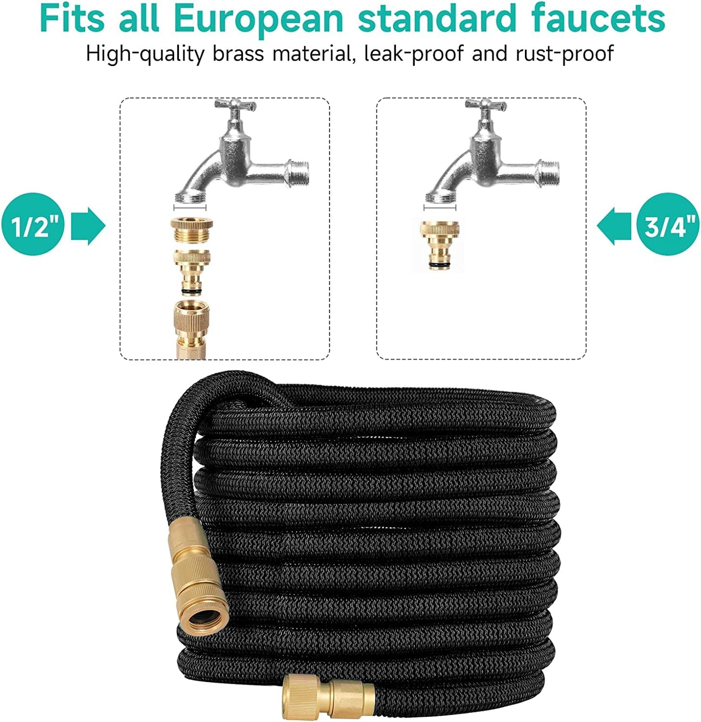 Flexible garden hose 30m with 8 function garden hand spray nozzle. Flexible garden hose 3/4 inch & 1/2 inch with hose hook storage bag. Water hose for garden, pet, car wash. Black.