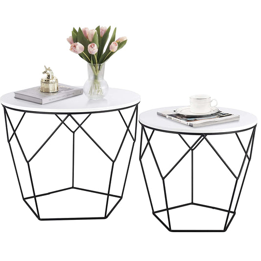 Rebels 2-piece side table set, living room table with basket function, round coffee table, basket table with removable tabletop, metal tables for living room, bedroom, office, white, 500341