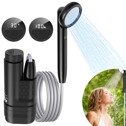Forever Speed portable camping shower with 4000mAh battery, pump, temperature display and electricity display. Outdoor camping shower set with 2M hose for garden, car washing, beach, travel.