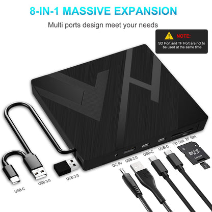 "JBonest External CD DVD Drive USB 3.0 Type-C, External with SD/TF Card Reader Portable RW Burner, Fast data transfer for Laptop, Desktop, MacBook, Win11/10/8/7/XP, Linux, Mac OS, Vista"
