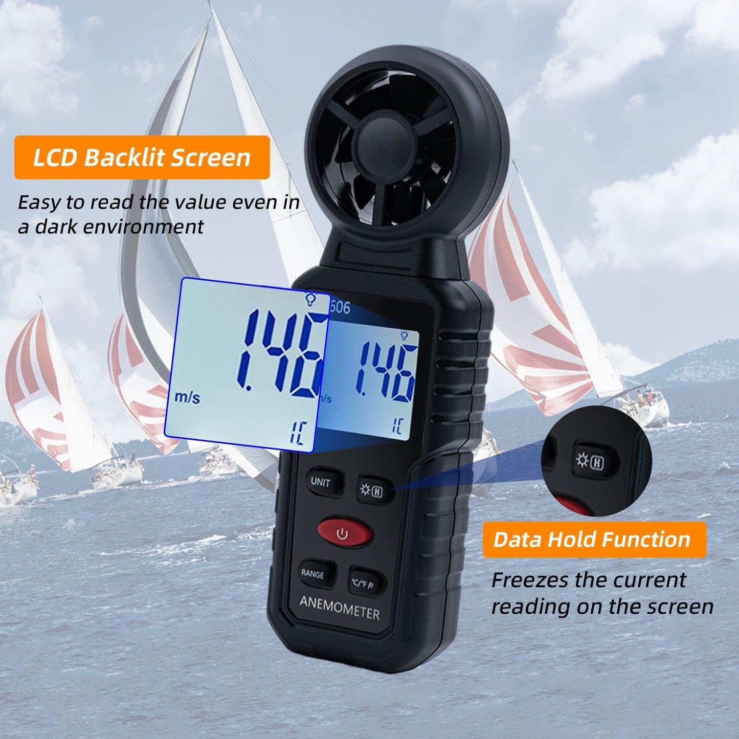Mcbazel 3 in 1 Handheld Digital Anemometer Wind Speed Meter for measuring wind speed, temperature, wind chill for HVAC, drones, sailing, fishing.
