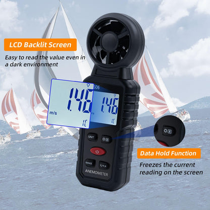 Mcbazel 3 in 1 Handheld Digital Anemometer Wind Speed Meter for measuring wind speed, temperature, wind chill for HVAC, drones, sailing, fishing.