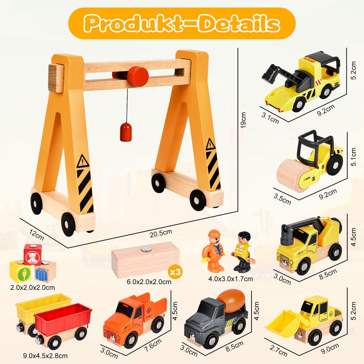 BuzzoXerex Construction Vehicles Children's Wooden Toy, Construction Vehicles Magnetic with Portal Crane, Excavator, Crane Truck, Dump Truck - Gift for 3+ Years
