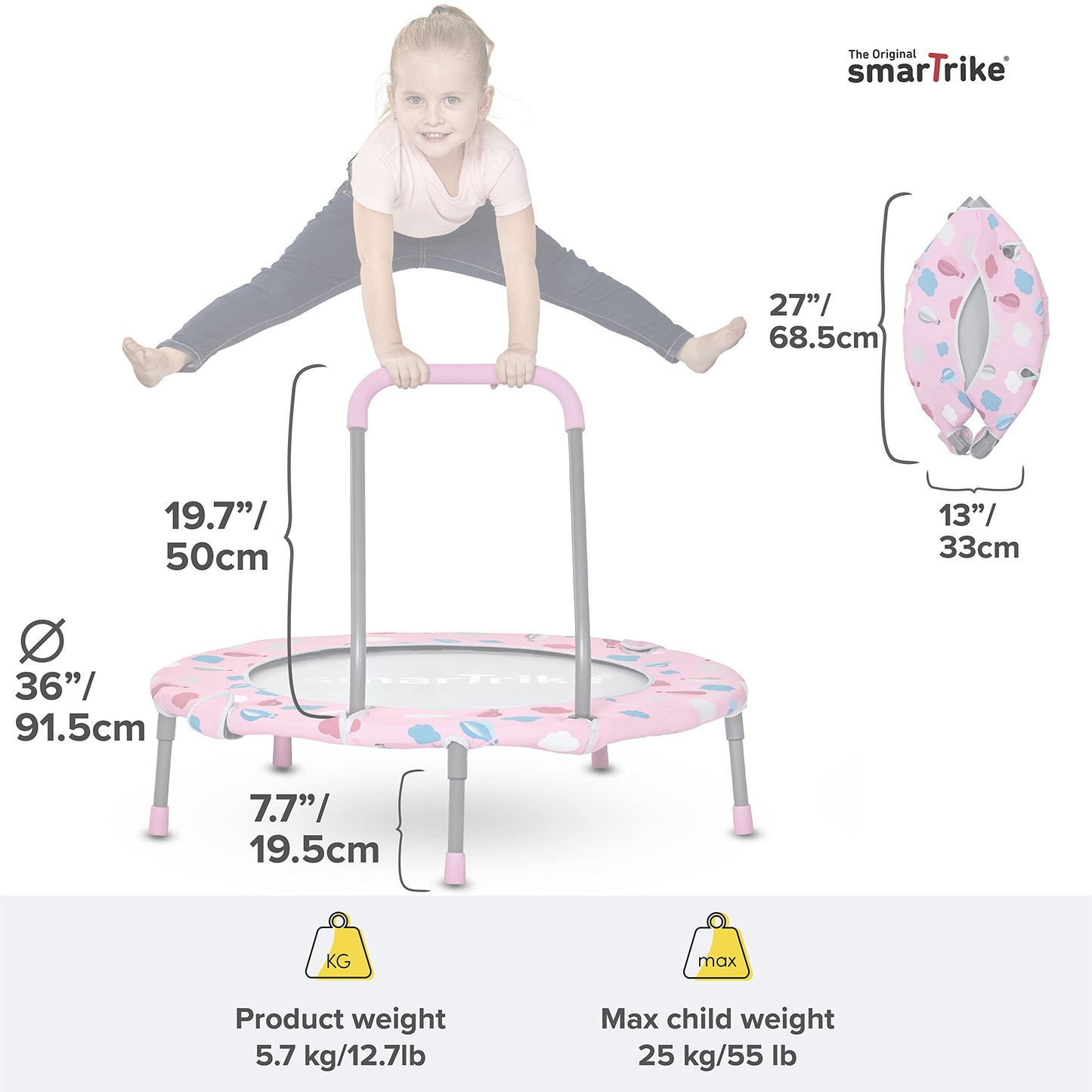 smarTrike indoor toddler trampoline with handlebar, foldable kids trampoline, 1-5 years (ball pit and trampoline, Pink)