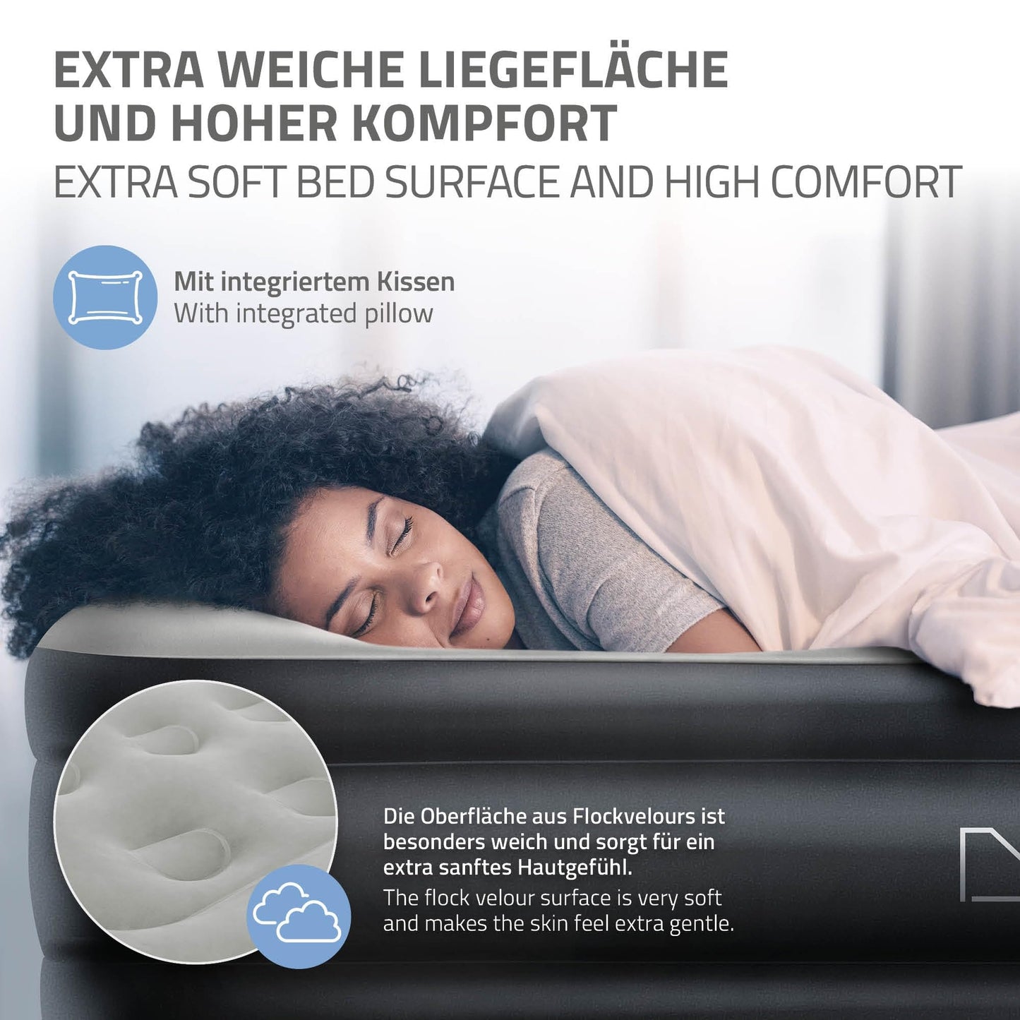 ML-Design air mattress for 2 people 203x157x47 cm Gray, TÜV certified, self-inflating air bed with electric pump 230V, inflatable mattress for camping, guest bed double bed + carrying bag.