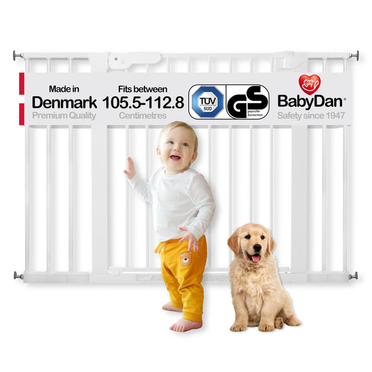 BabyDan Premier, wide stair gate for clamping, 105.5-112.8 cm, door guard / barrier / baby gate / safety gate, metal, white, Made in Denmark (dog gate)