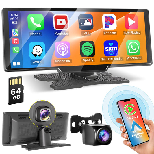 Wireless Carplay Android Auto display with 2.5K front dashcam, 1080P rear camera, 9.3-inch Carplay display with Bluetooth, Mirror Link, FM transmitter, AUX cable, 64GB TF card.