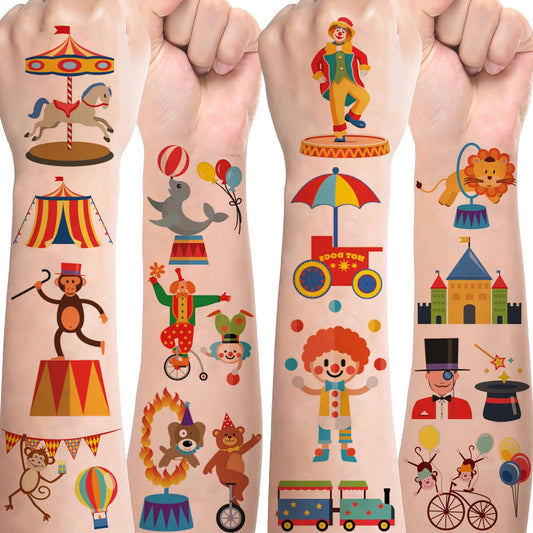 10 Sheets Circus Tattoo Kids Set, Skin-Friendly Clown Temporary Tattoos for Boys and Girls, Circus Tattoo Stickers, Party Favors for Children's Birthday, Guest Gifts, Circus Party Decorations for Kids