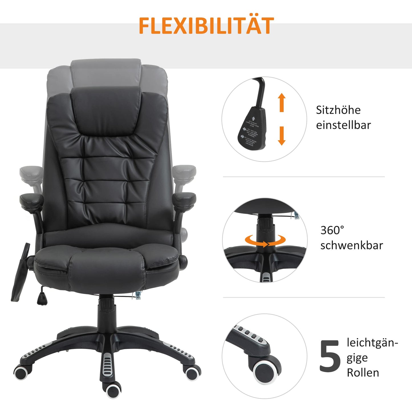HOMCOM Massage Chair Office Chair Executive Gaming Chair 6 Point Vibration Massage with Heat Function Faux Leather Swivel Leather Chair Black 70 x 70 x 111 - 121cm