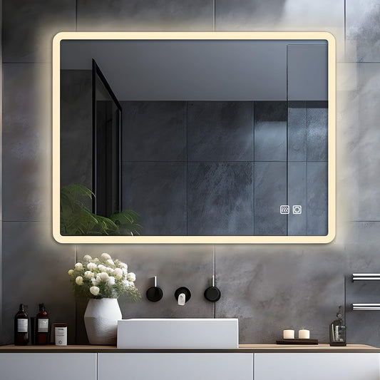 LISA LED bathroom mirror with lighting 60x50 cm, large bathroom mirror with touch dimmable warm white/cold white light. Anti-fog wall mirror for bathroom, toilet, hallway. Rounded corners.