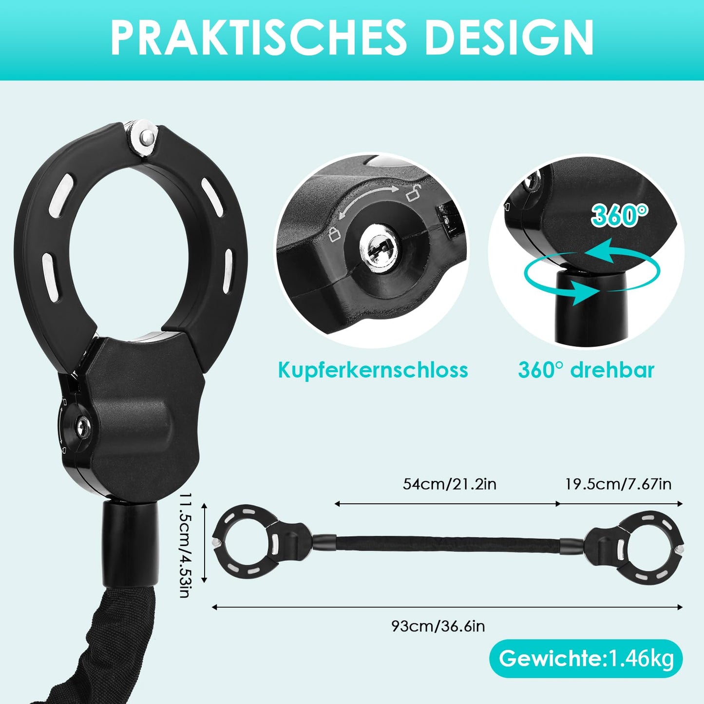 E Scooter lock with 3L waterproof bag, handcuff lock with key, electric scooter bike lock with rubber cover, 93 cm, high security locks, perfect for scooters, bikes, e-bikes (A)