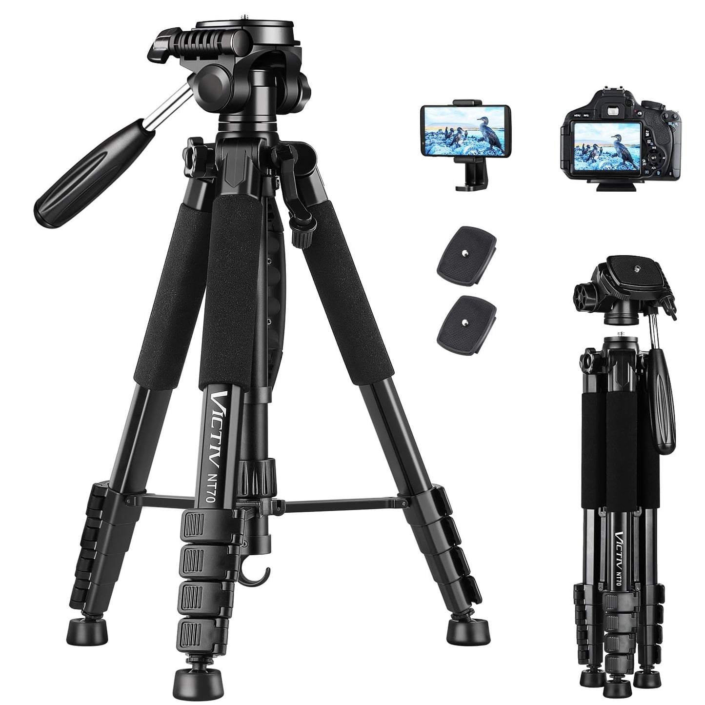 Victiv Camera Tripod with 52–160-185cm height, lightweight tripod with detachable 3-way head, aluminum camera stand for DSLR Canon Nikon Sony, tripod for smartphone with phone holder.