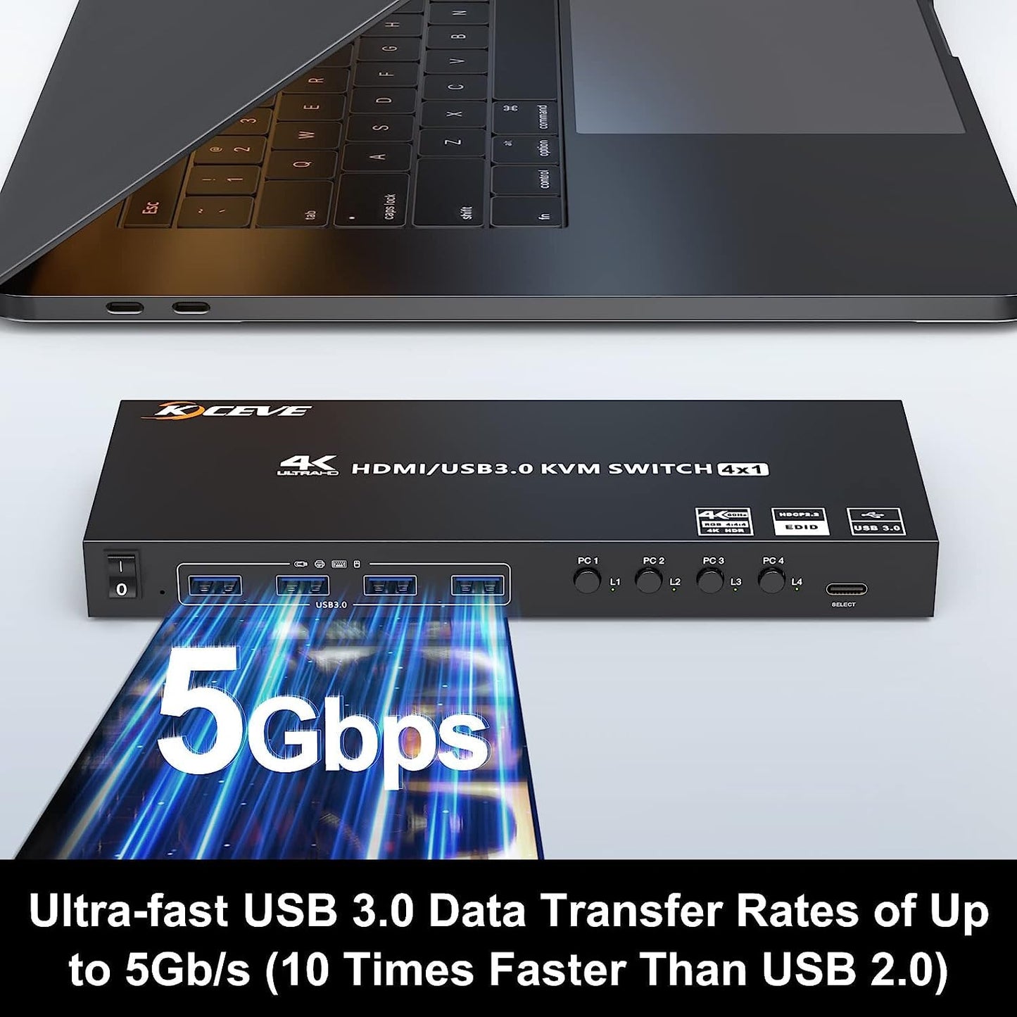 USB 3.0 KVM Switch HDMI 4 Port, 4K@60Hz Edid Emulation KVM Switch allows 4 PCs to share 1 monitor and 4 USB 3.0 devices. Comes with Wired Remote and 12V Power Adapter.