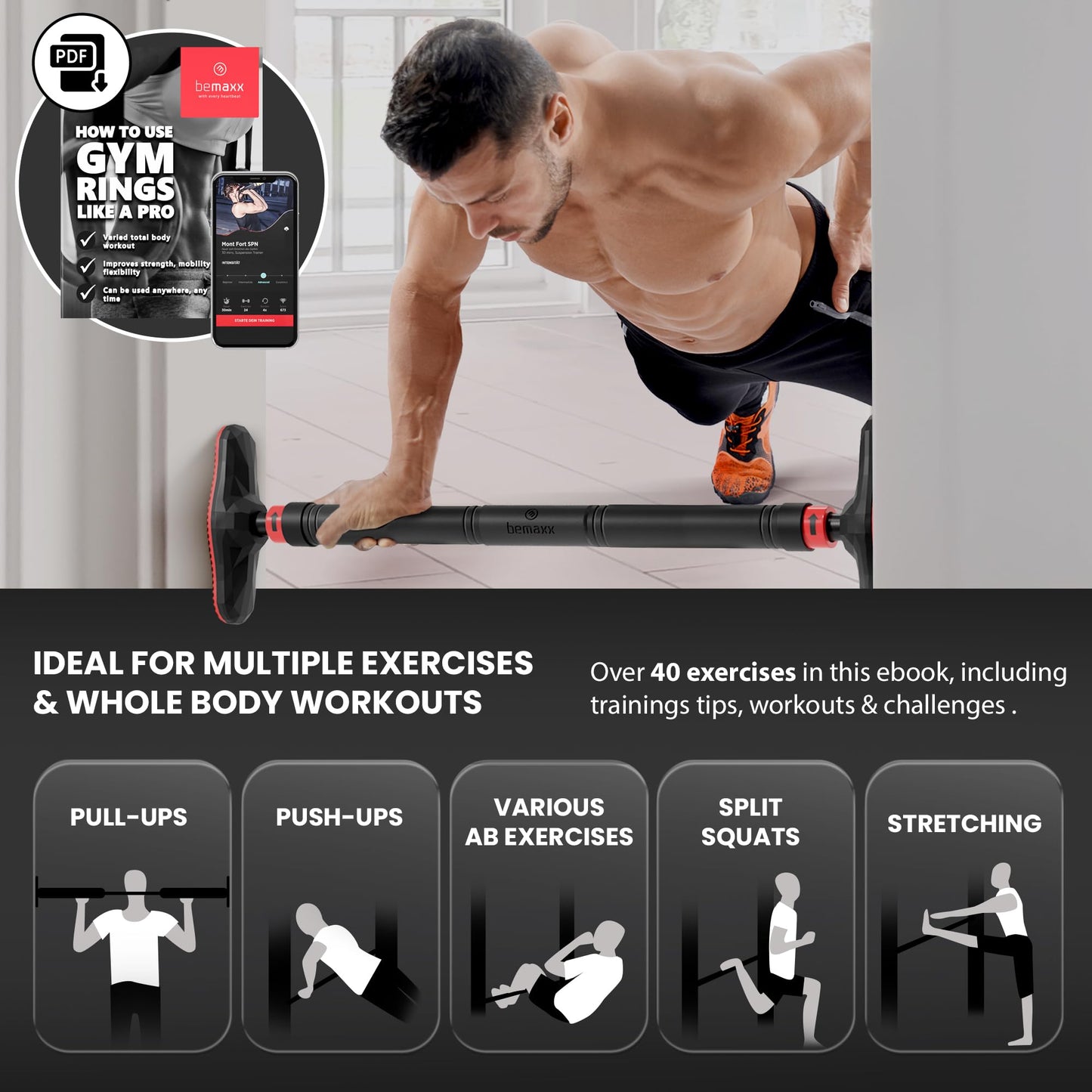 BeMaxx pull-up bar for door frame without screws/drilling + training eBook. Professional door pull-up dip bar with padded handles. Hang in door at home for fitness workout.