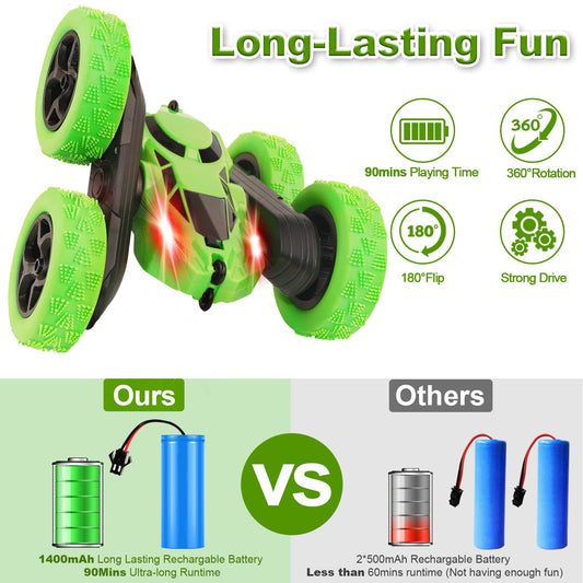 Remote control car, 90 min playtime, 2.4GHz double-sided 360° rotating RC stunt crawler with headlights, 4WD off-road drift RC car toy gifts for boys 6-12 green